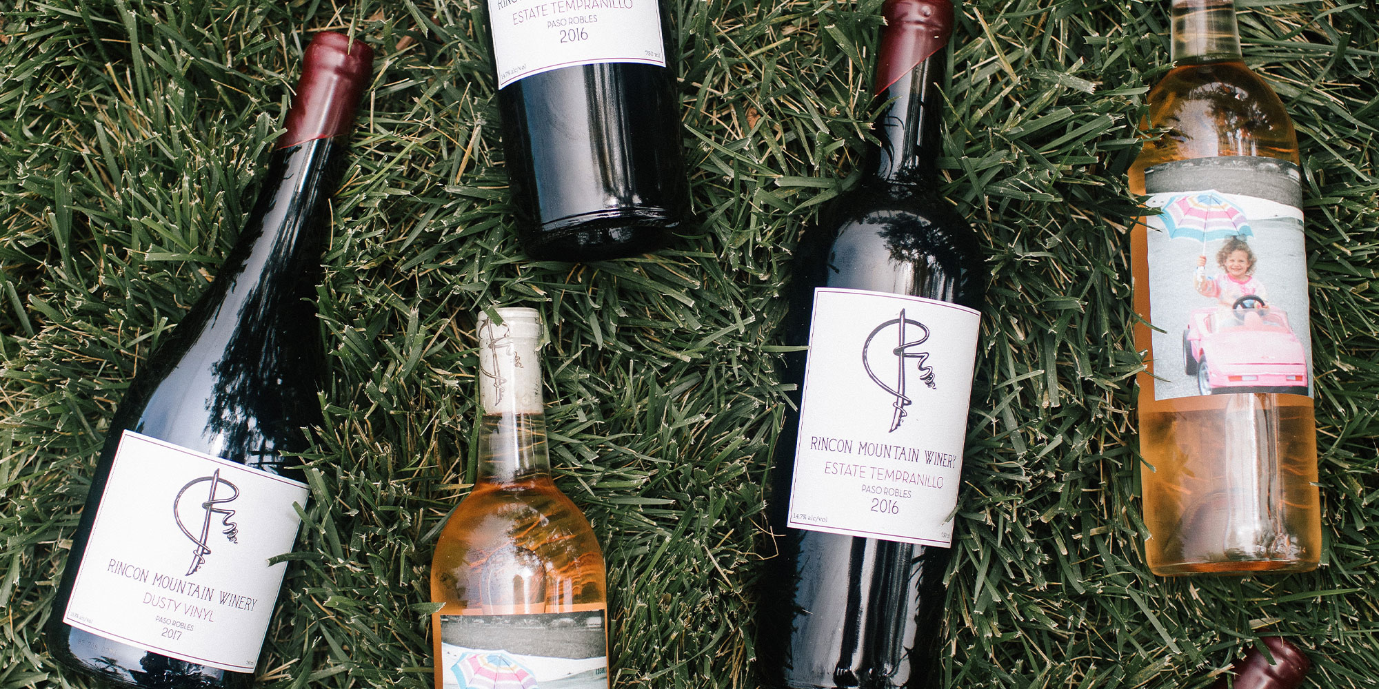 Bottles of Rincon Mountain wines in grass